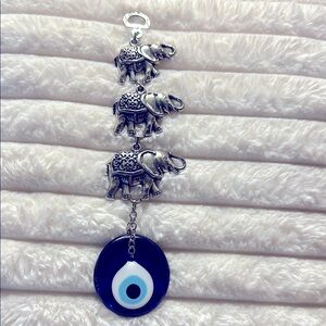 Silver Elephant Charm Hanging Evil Eye Decor - Blue & White